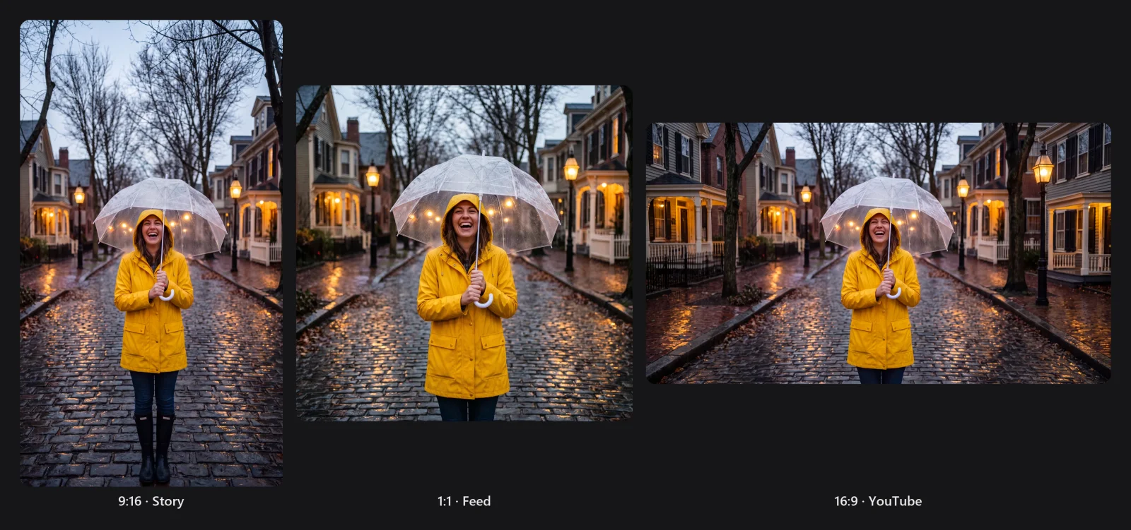 One lifestyle photo exported three ways: a 9:16 story, a 1:1 feed post and a 16:9 landscape, the frame widened rather than cropped