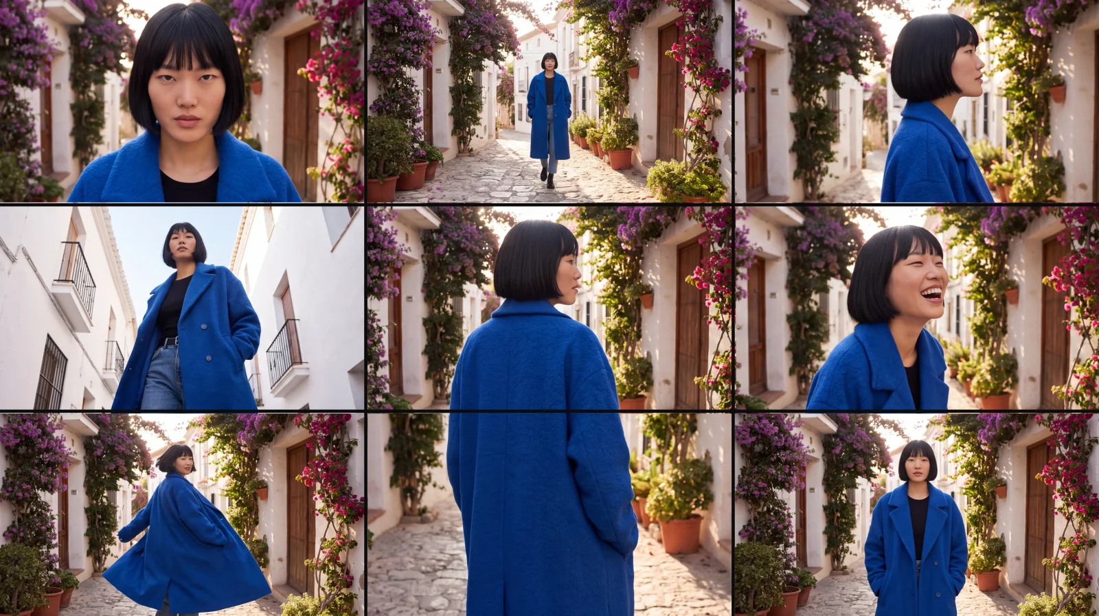 A Shots sheet: nine framings of the same woman in a blue coat on a flower-lined street, from close-up to wide, all made from one photo