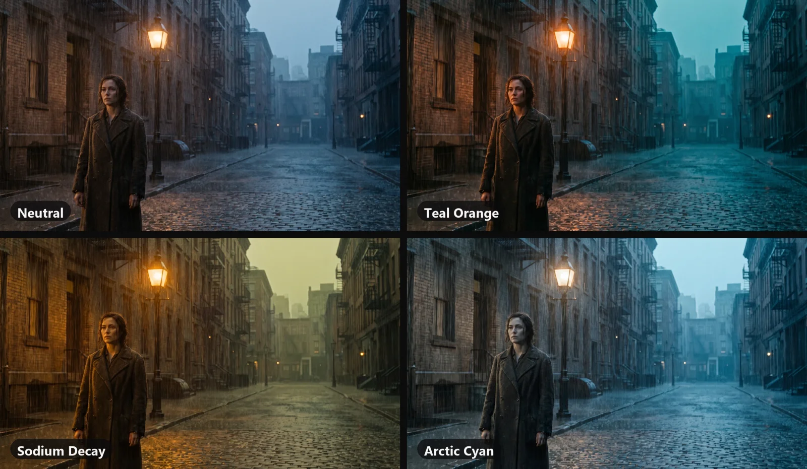 One rain-soaked street shot run four times with only the colour palette changed: Neutral, Teal Orange, Sodium Decay and Arctic Cyan