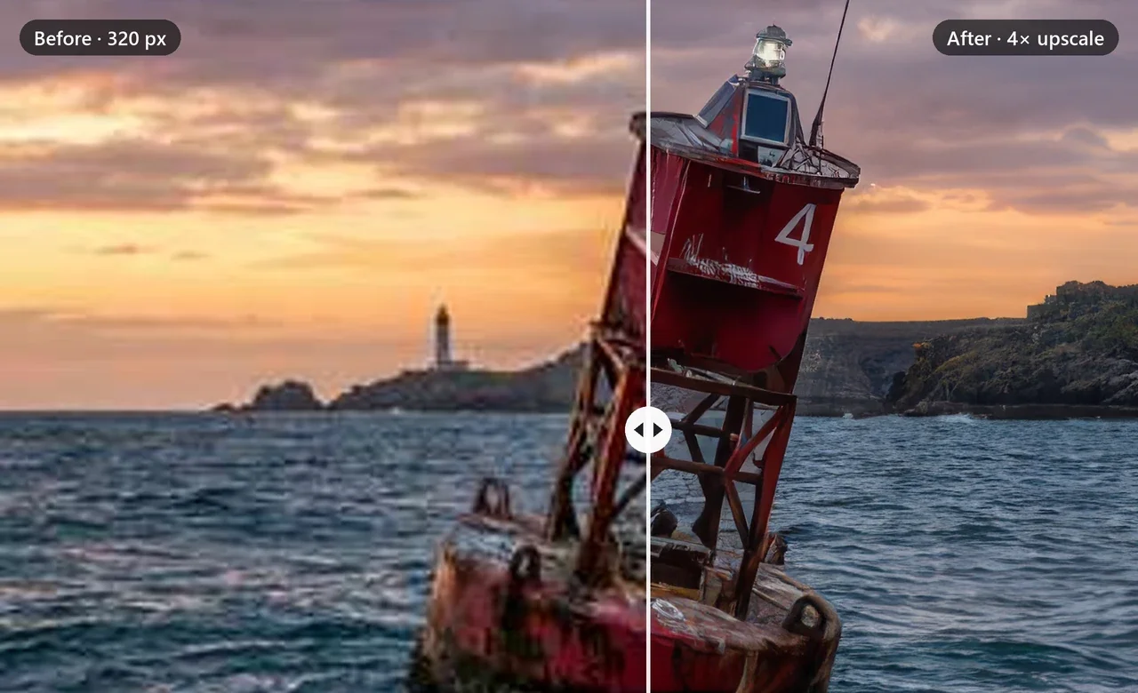 A 320-pixel photo of a red harbour buoy beside the same photo upscaled four times, split down the middle: soft and blocky on the left, the rust and the water's texture recovered on the right
