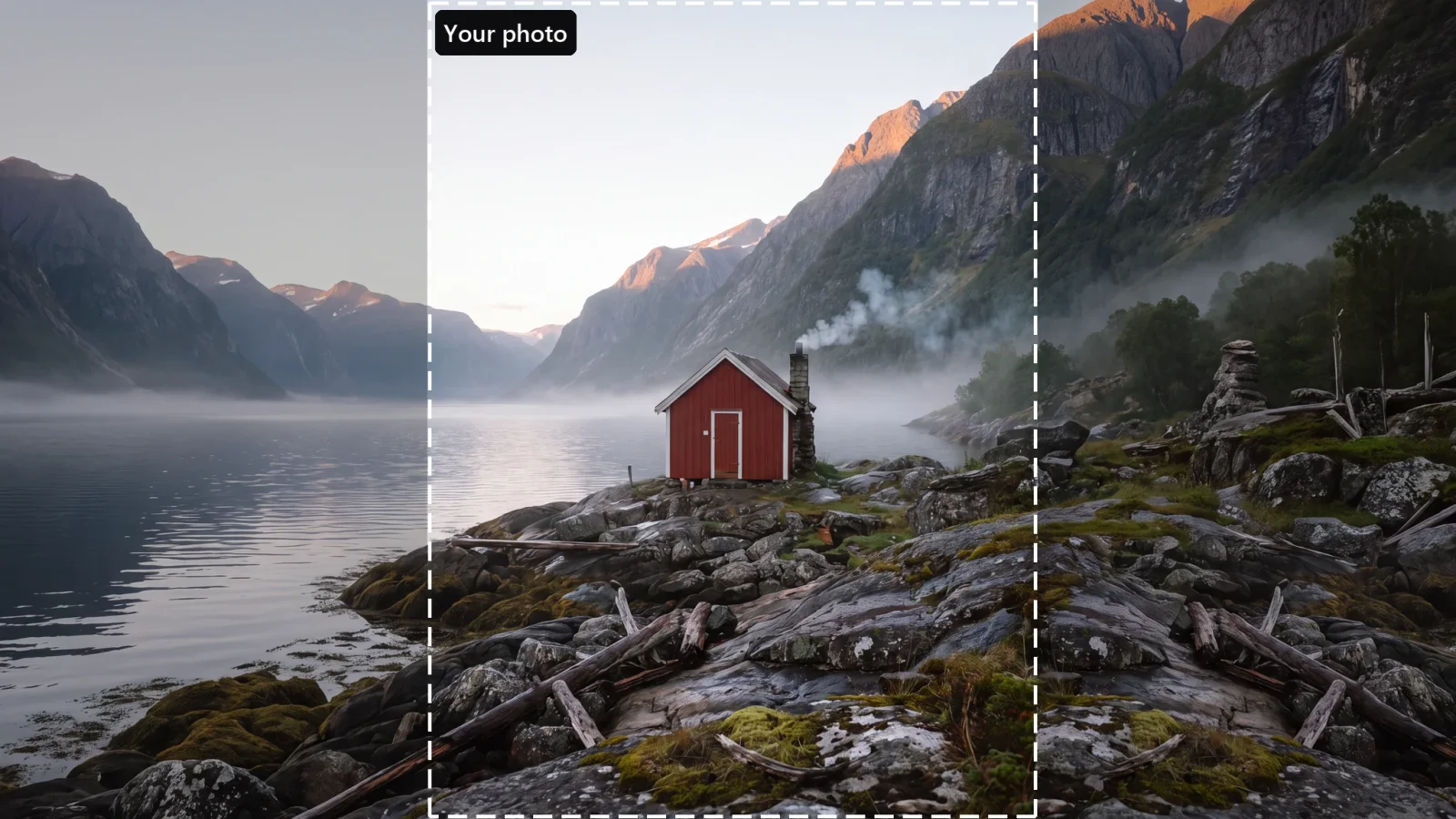 A tall photo of a red cabin on a fjord shore, widened to 16:9 by Smart Resize — the original marked in the middle, the mountains and water on either side painted in