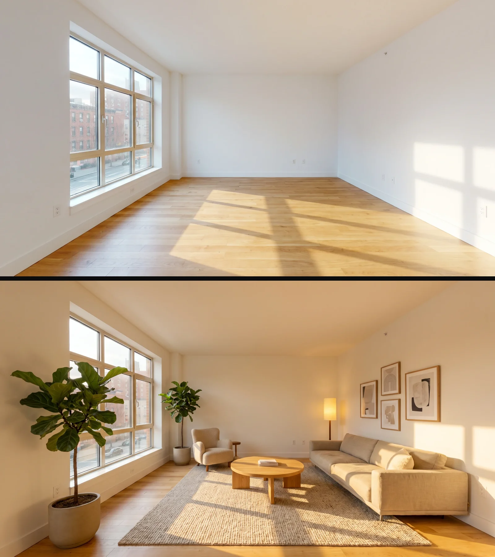 An empty apartment living room beside the same room virtually staged — sofa, rug, armchair, lamp and plants — with its walls, window and floor unchanged
