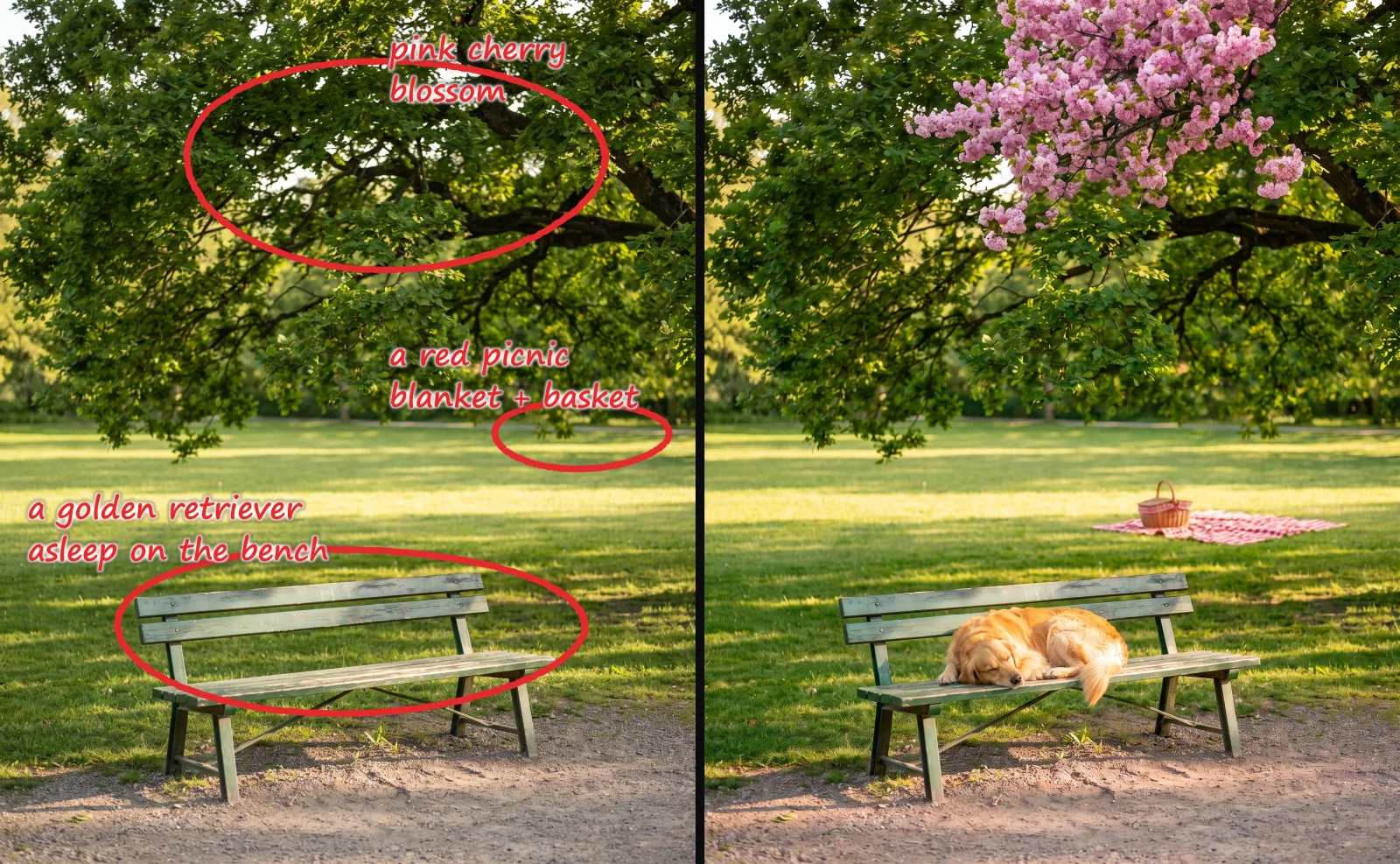 A park photo marked up in Draw to Edit — circled and annotated for cherry blossom, a picnic blanket and a golden retriever asleep on the bench — beside the result with all three painted in